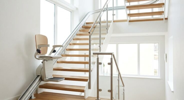 Monte-escalier installé le long d'un escalier de maison, rampe moderne, intérieur clair
