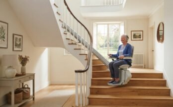 Monte-escalier moderne sur un escalier tournant, maison lumineuse