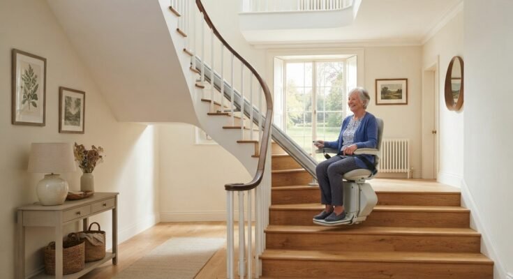 Monte-escalier moderne sur un escalier tournant, maison lumineuse